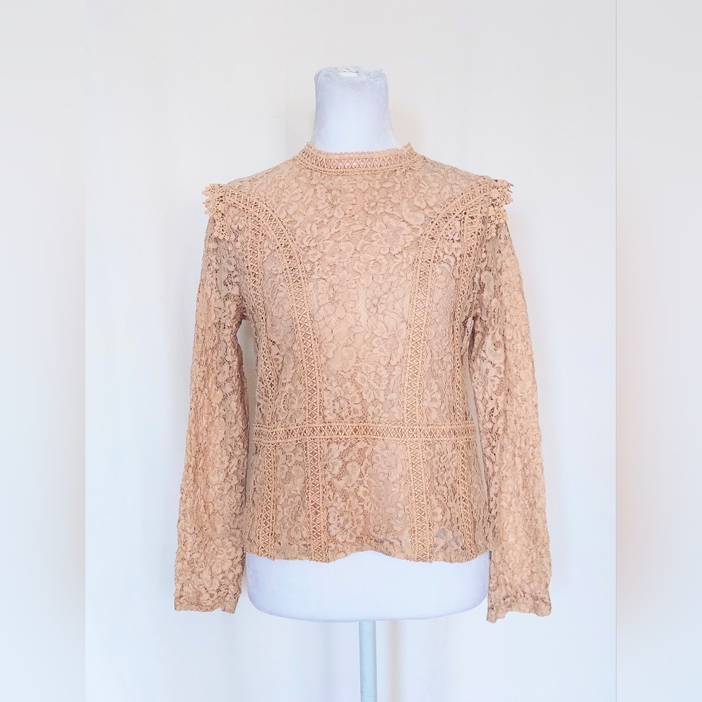 Zara Floral Lace Long Sleeve Mock Neck Blouse Beige Nude Size XS